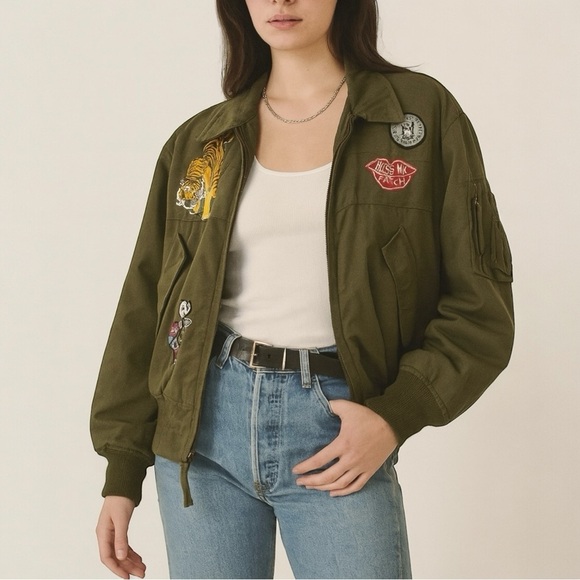 GOOD F*CKIN VIBES PLANET BLUE Upcycled Repurposed Vintage Military Bomber Jacket - Picture 1 of 16